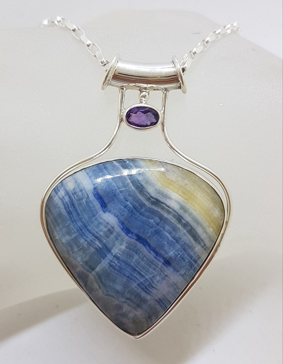 Sterling Silver Large Teardrop / Pear Shape Blue Scheelite with Amethyst Pendant on Silver Chain