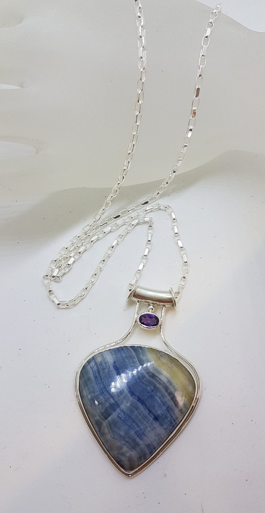 Sterling Silver Large Teardrop / Pear Shape Blue Scheelite with Amethyst Pendant on Silver Chain