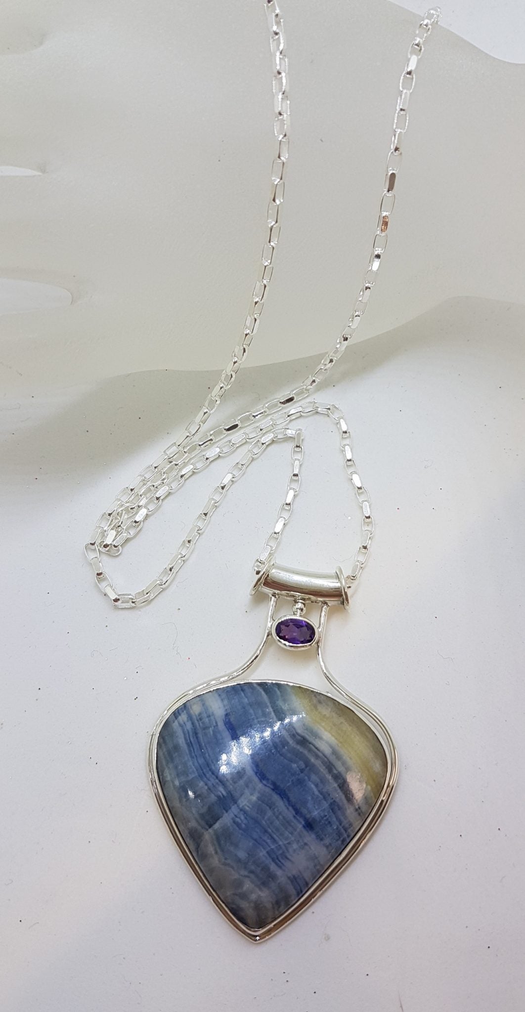 Sterling Silver Large Teardrop / Pear Shape Blue Scheelite with Amethyst Pendant on Silver Chain