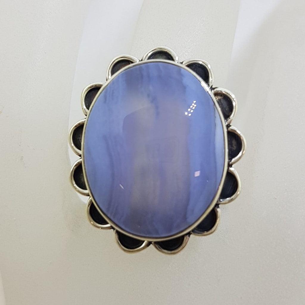Sterling Silver Large Oval Blue Lace Agate with Ornate Rim Ring - Cabochon