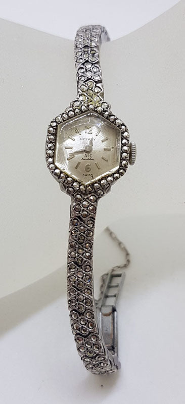 *CHECK*Sterling Silver Marcasite Ladies Watch in Hexagonal Shape - Vintage