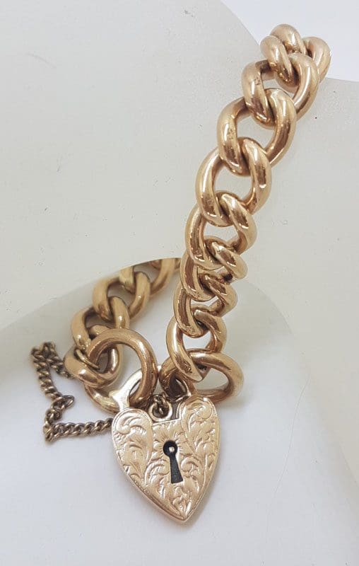 9ct Rose Gold Heavy Curb Link Padlock Bracelet - Antique / Vintage