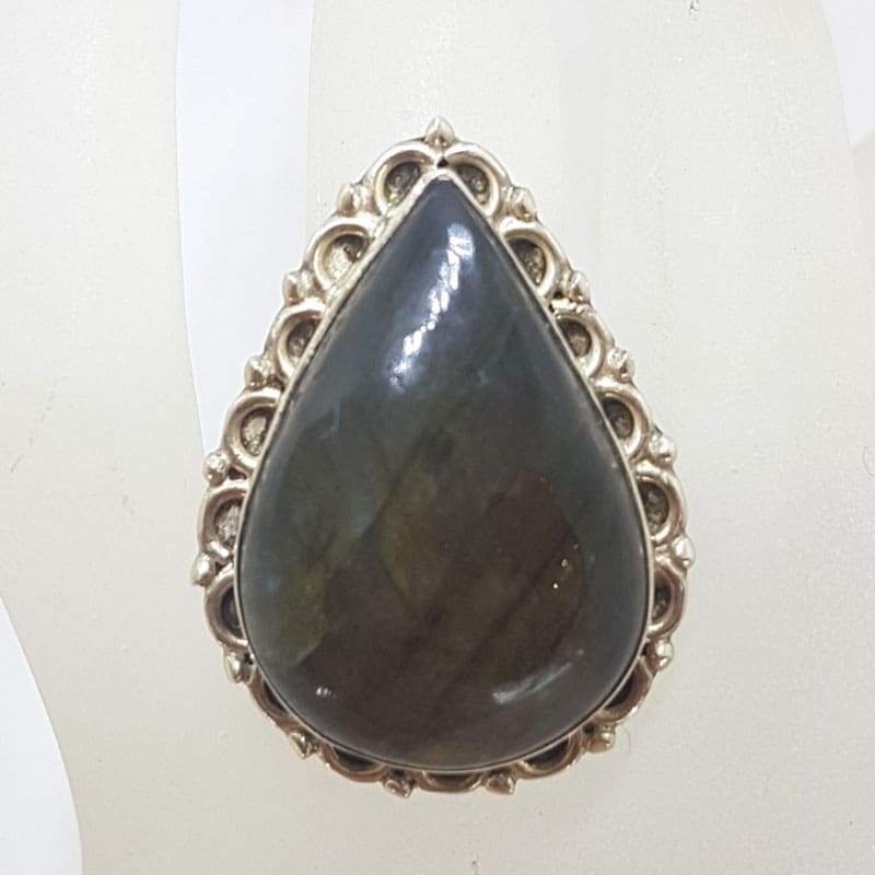 Sterling Silver Very Large Ornate Teardrop Shape Labradorite Ring