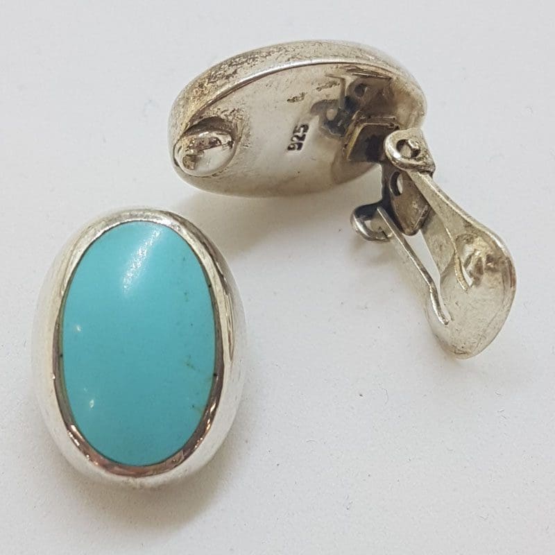 Sterling Silver Large Oval Blue Turquoise Clip-On Earrings