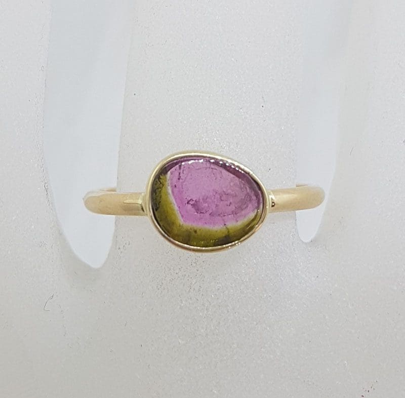 9ct Yellow Gold Oval Bezel Set Watermelon Tourmaline Ring