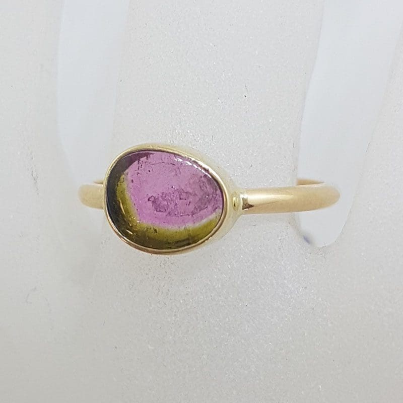 9ct Yellow Gold Oval Bezel Set Watermelon Tourmaline Ring