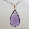 9ct Rose Gold Large Teardrop / Pear Shape Amethyst Claw Set Pendant on Gold Chain