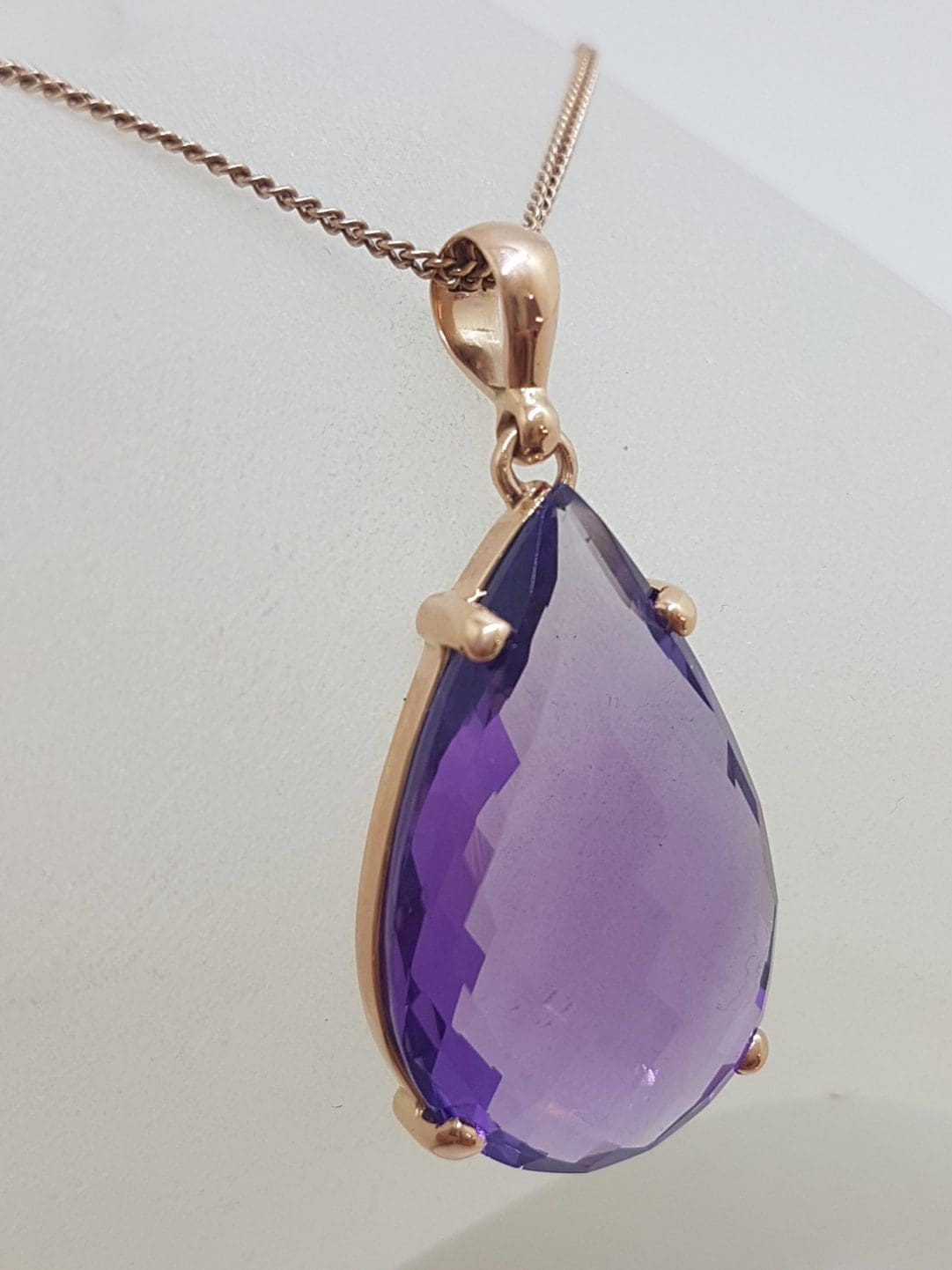 9ct Rose Gold Large Teardrop / Pear Shape Amethyst Claw Set Pendant on Gold Chain