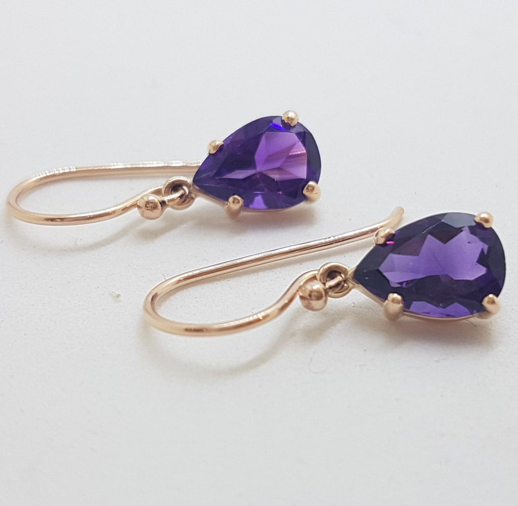 9ct Rose Gold Teardrop / Pear Shape Claw Set Amethyst Drop Earrings