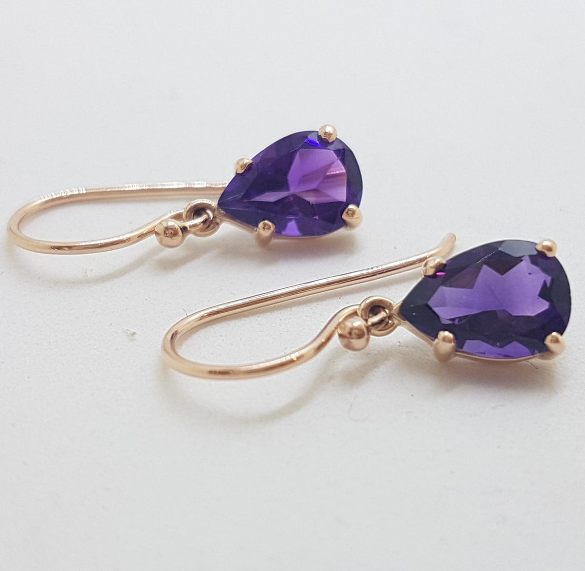 9ct Rose Gold Teardrop / Pear Shape Claw Set Amethyst Drop Earrings