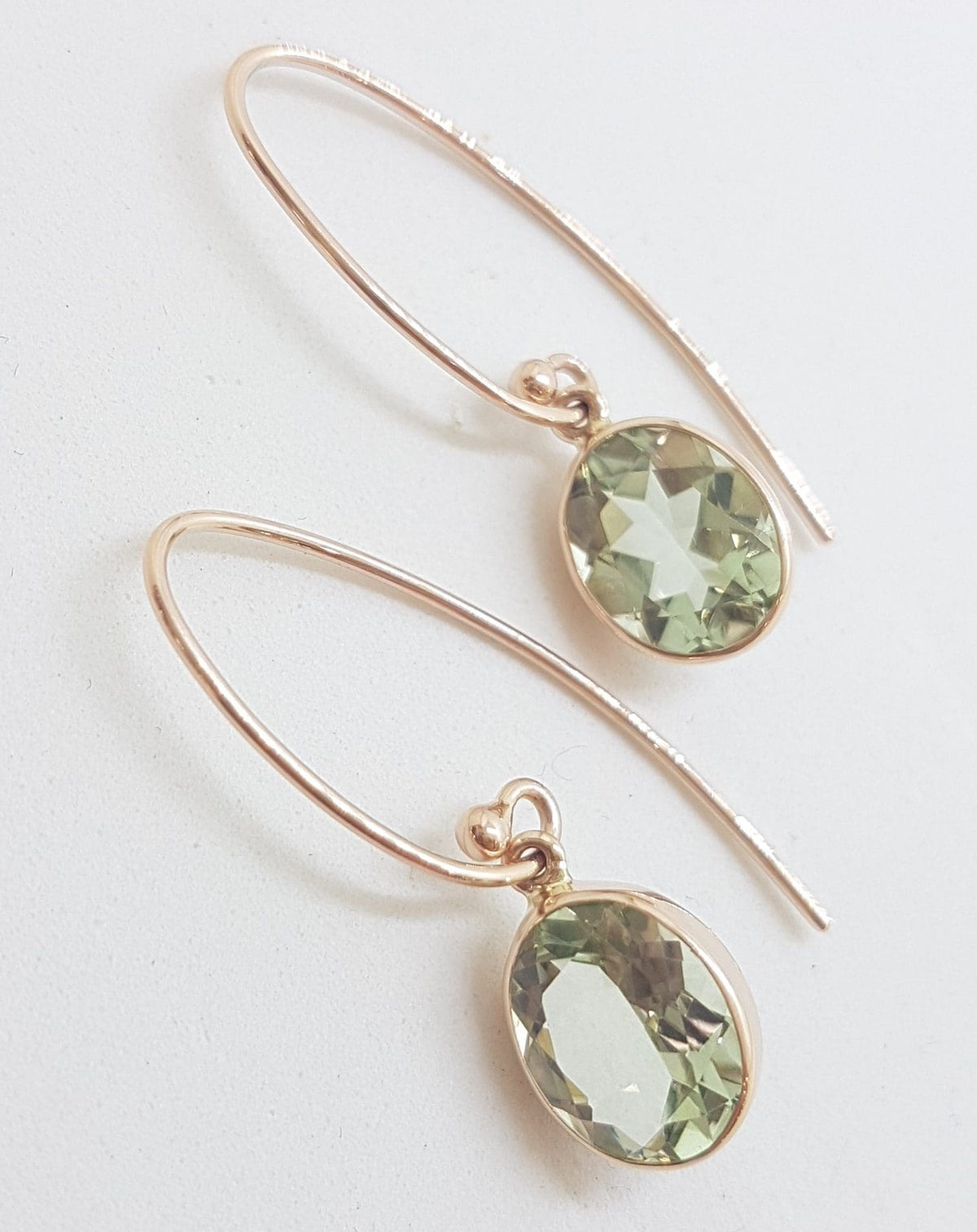 9ct Rose Gold Long Oval Bezel Set Green Amethyst / Prasiolite Drop Earrings