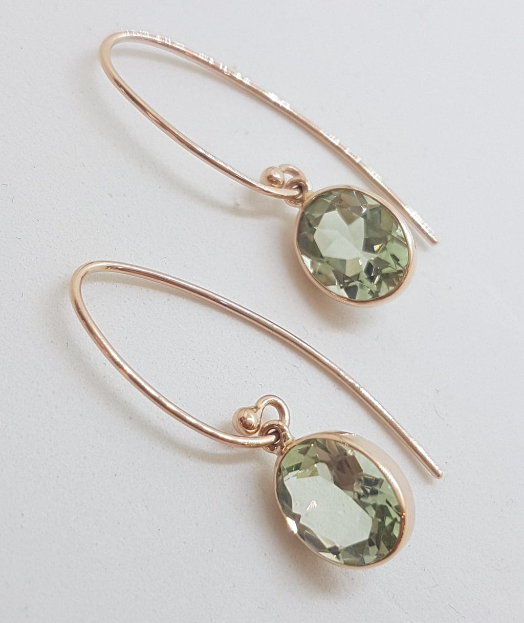 9ct Rose Gold Long Oval Bezel Set Green Amethyst / Prasiolite Drop Earrings