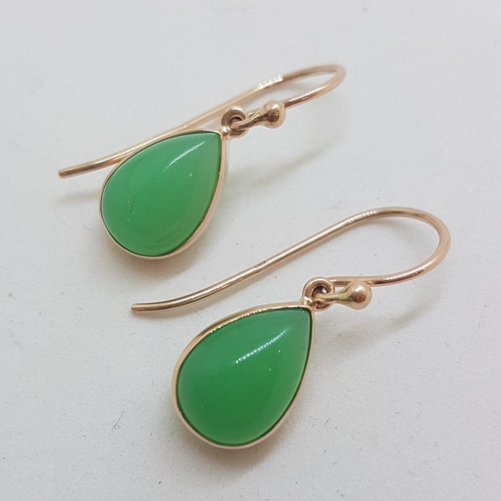 9ct Rose Gold Teardrop / Pear Shape Bezel Set Chrysoprase Drop Earrings