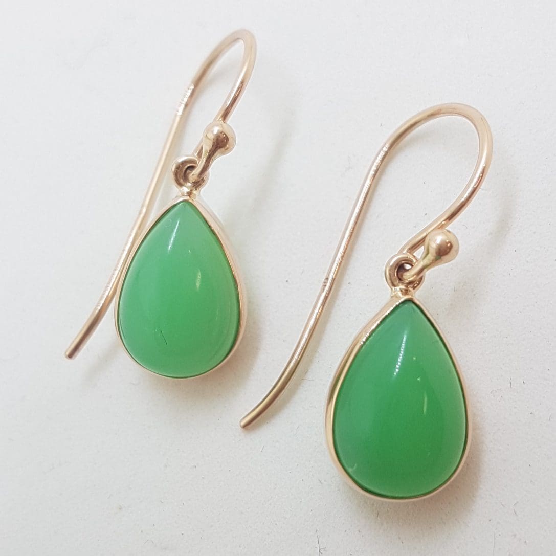 9ct Rose Gold Teardrop / Pear Shape Bezel Set Chrysoprase Drop Earrings