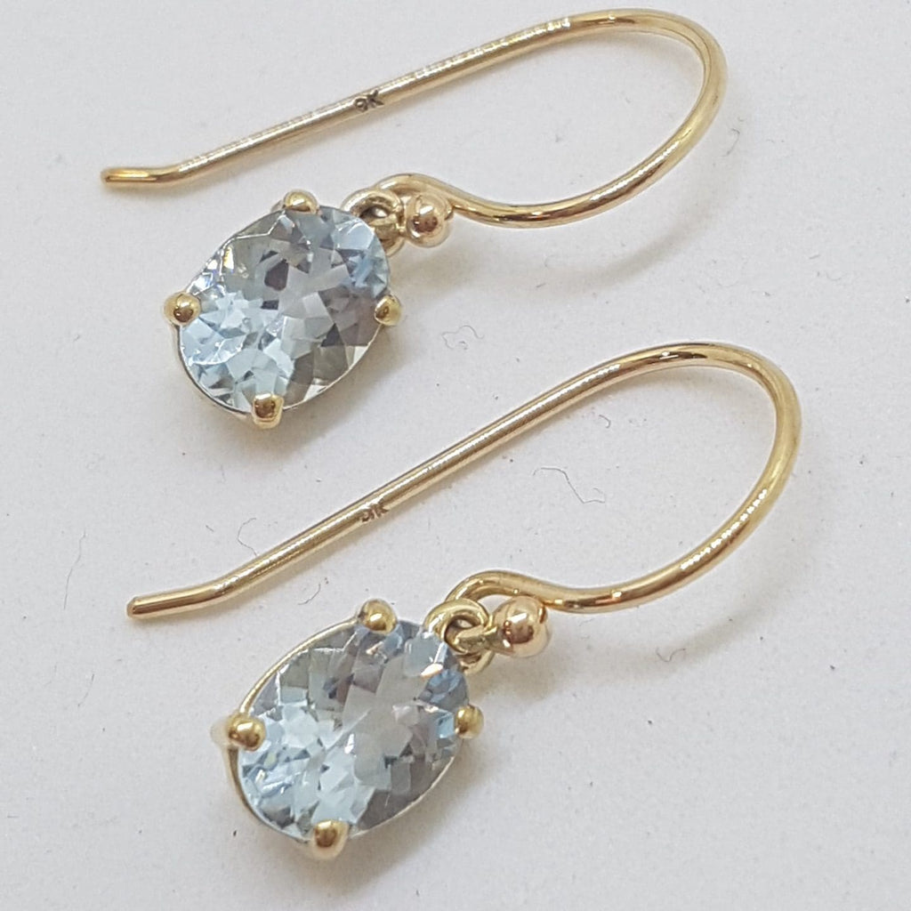 9ct Yellow Gold Claw Set Oval Aquamarine Drop Earrings