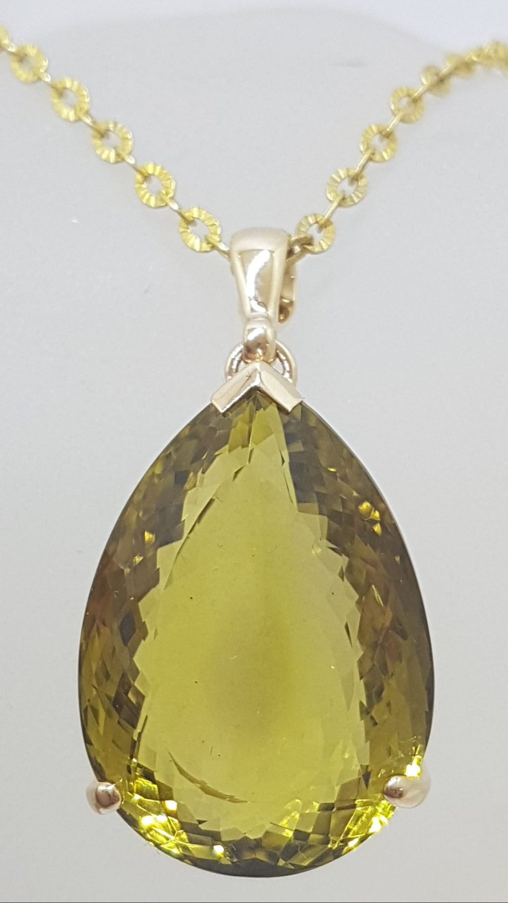 9ct Yellow Gold Large Teardrop / Pear Shape  Lemon Citrine / Quartz Claw Set Pendant on Gold Chain
