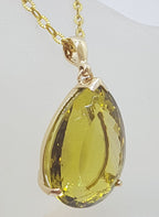 9ct Yellow Gold Large Teardrop / Pear Shape  Lemon Citrine / Quartz Claw Set Pendant on Gold Chain