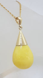 9ct Yellow Gold Natural Butter Amber Drop in Cone Shape Pendant on Gold Chain