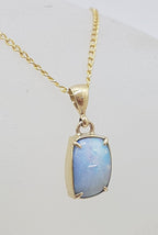 9ct Yellow Gold Rectangular Blue Opal Claw Set Pendant on Gold Chain