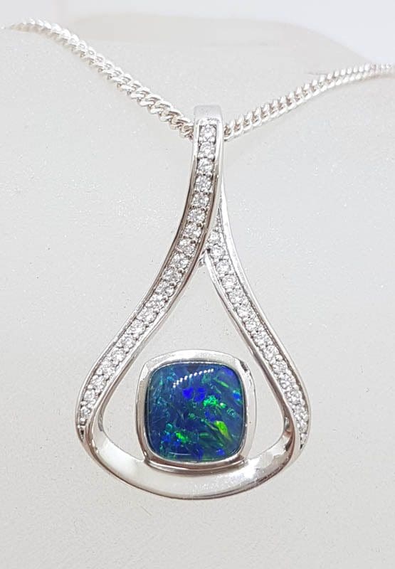 Sterling Silver Blue Opal &amp; Cubic Zirconia Large Pendant on Silver Chain