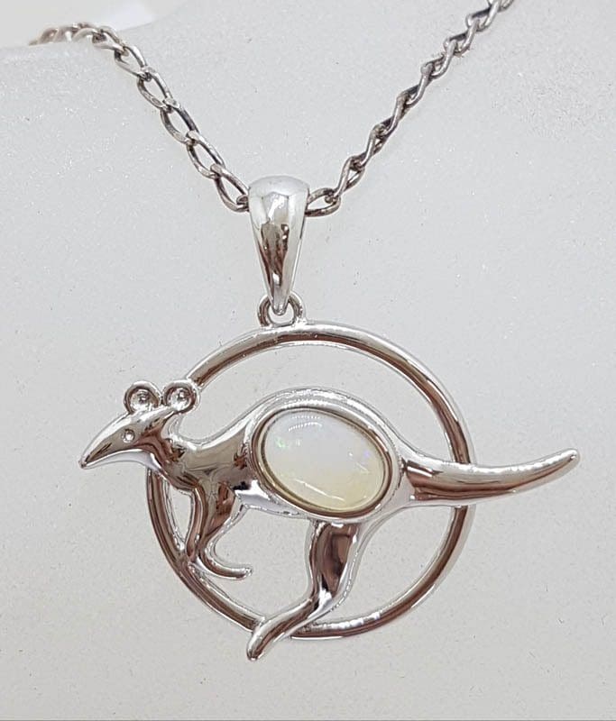 Sterling Silver White Opal Kangaroo in Circle Pendant on Silver Chain