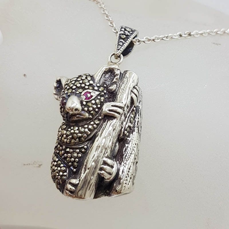 Sterling Silver Marcasite Australian Koala with Ruby Eyes Pendant on Sterling Silver Chain