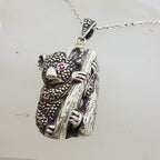 Sterling Silver Marcasite Australian Koala with Ruby Eyes Pendant on Sterling Silver Chain