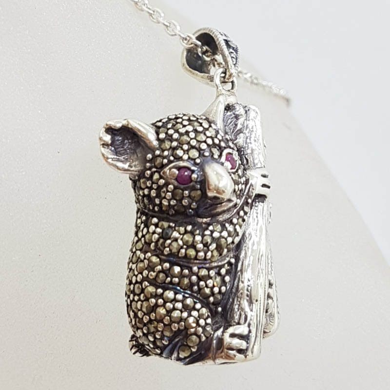 Sterling Silver Marcasite Australian Koala with Ruby Eyes Pendant on Sterling Silver Chain
