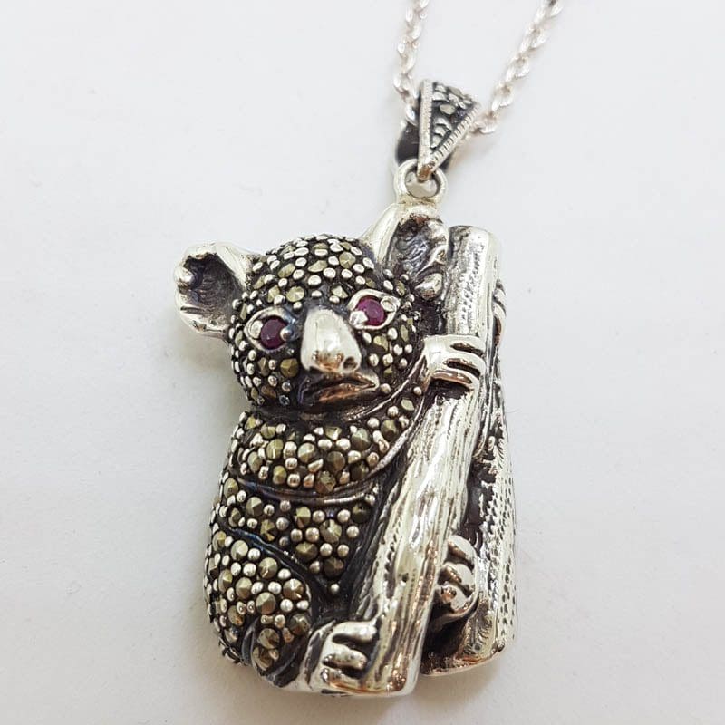 Sterling Silver Marcasite Australian Koala with Ruby Eyes Pendant on Sterling Silver Chain