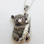 Sterling Silver Marcasite Australian Koala with Ruby Eyes Pendant on Sterling Silver Chain