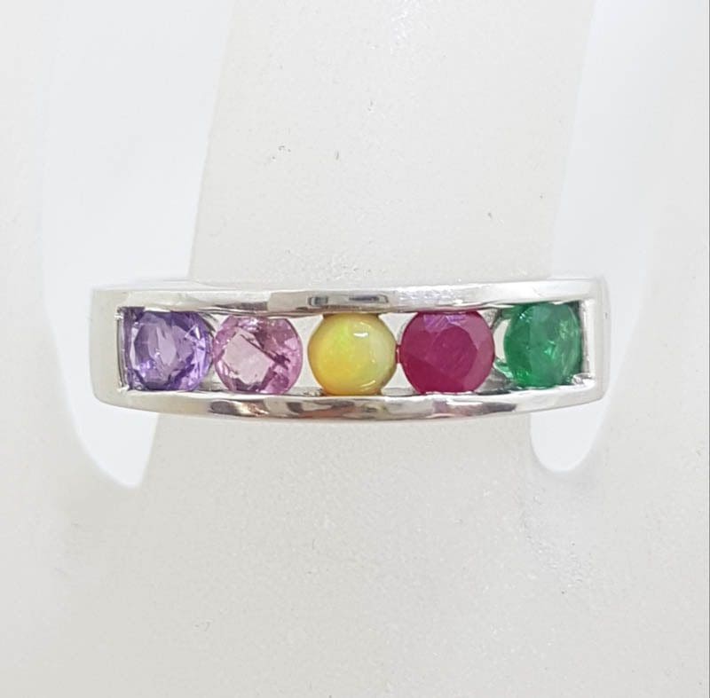 Sterling Silver Multi-Colour Gemstone " AMORE " Ring - Amethyst, Morganite, Opal, Ruby and Emerald