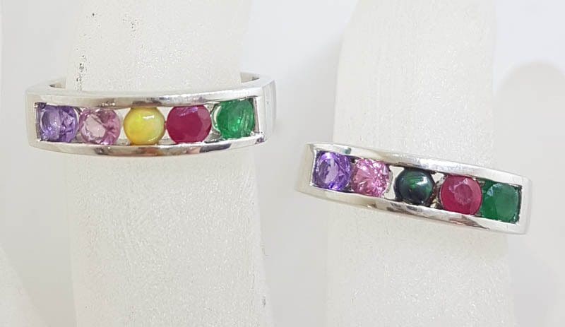 Sterling Silver Multi-Colour Gemstone " AMORE " Ring - Amethyst, Morganite, Opal, Ruby and Emerald