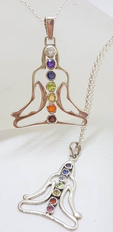 Sterling Silver Yoga / Meditation / Person / Body Shaped Chakra Pendant on Silver Chain – Amethyst, Carnelian, Citrine, Garnet, Iolite, Peridot and Clear Crystal Quartz / Topaz - Available in two sizes