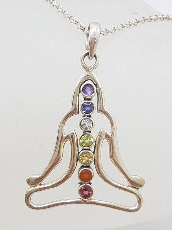 Sterling Silver Yoga / Meditation / Person / Body Shaped Chakra Pendant on Silver Chain – Amethyst, Carnelian, Citrine, Garnet, Iolite, Peridot and Clear Crystal Quartz / Topaz - Available in two sizes