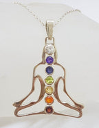 Sterling Silver Yoga / Meditation / Person / Body Shaped Chakra Pendant on Silver Chain – Amethyst, Carnelian, Citrine, Garnet, Iolite, Peridot and Clear Crystal Quartz / Topaz - Available in two sizes