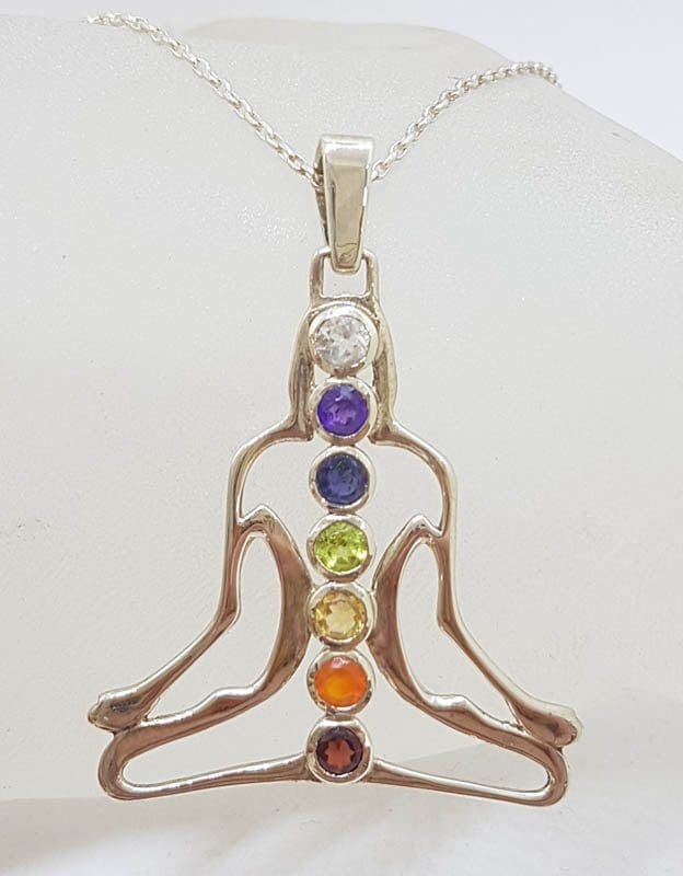 Sterling Silver Yoga / Meditation / Person / Body Shaped Chakra Pendant on Silver Chain – Amethyst, Carnelian, Citrine, Garnet, Iolite, Peridot and Clear Crystal Quartz / Topaz - Available in two sizes