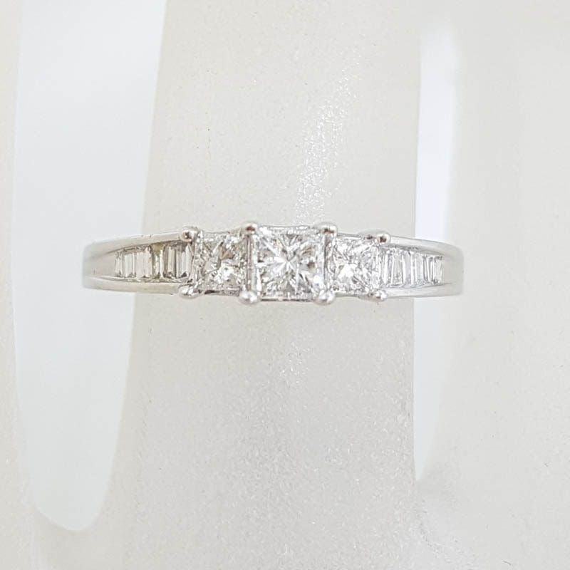 10ct White Gold Claw Set and Channel Set Three Princess Cut with Baguette Diamond Ring - Engagement Ring
