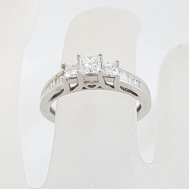 10ct White Gold Claw Set and Channel Set Three Princess Cut with Baguette Diamond Ring - Engagement Ring