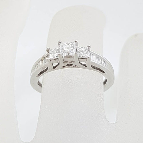 10ct White Gold Claw Set and Channel Set Three Princess Cut with Baguette Diamond Ring - Engagement Ring