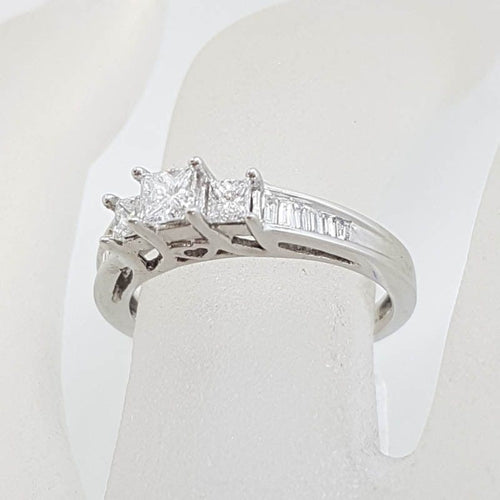 10ct White Gold Claw Set and Channel Set Three Princess Cut with Baguette Diamond Ring - Engagement Ring