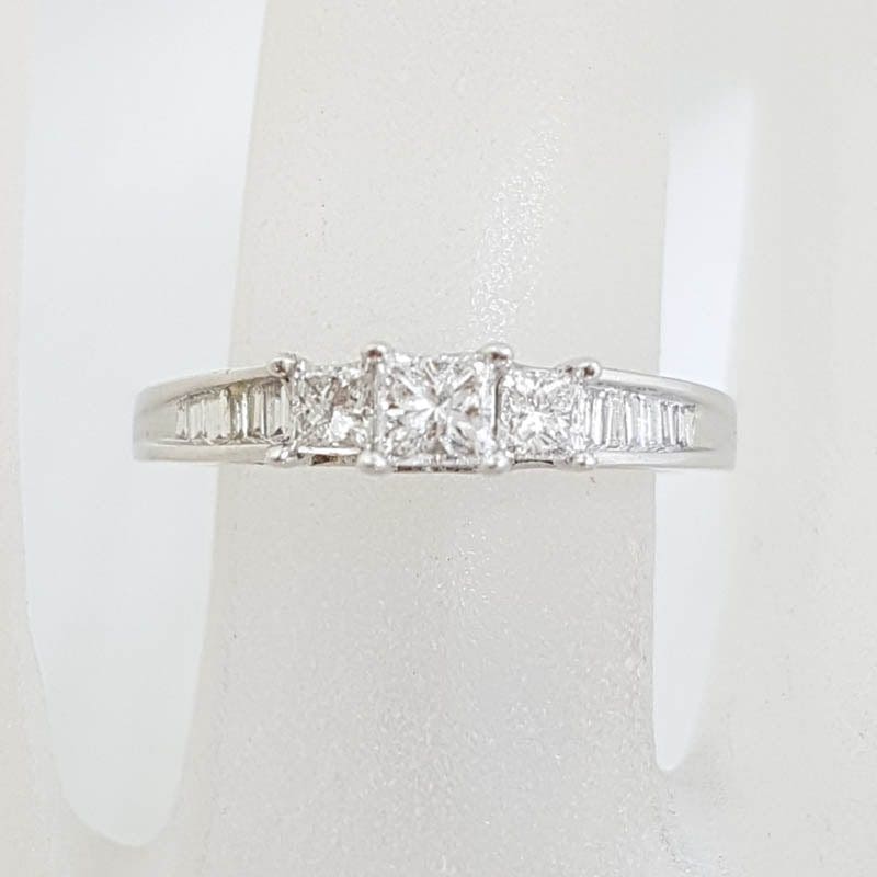 10ct White Gold Claw Set and Channel Set Three Princess Cut with Baguette Diamond Ring - Engagement Ring