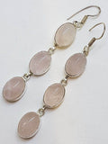 Sterling Silver Very Long Three Oval Rose Quartz Drop Earrings