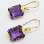 9ct Yellow Gold Rectangular Amethyst Drop Earrings