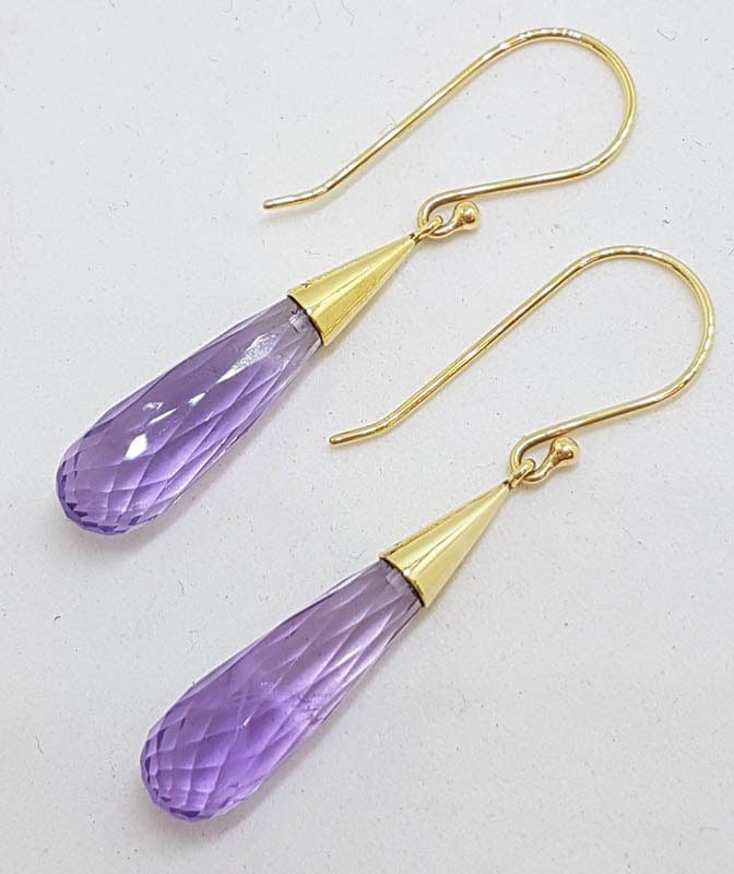 14ct Yellow Gold Long Amethyst in Cone Drop Earrings