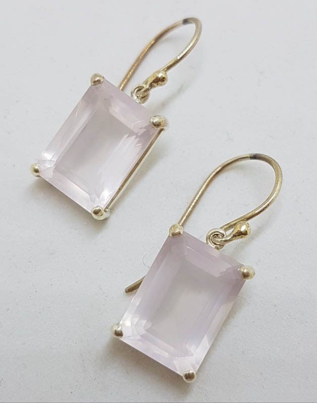 Sterling Silver Faceted Rose Quartz Rectangular Drop Earrings