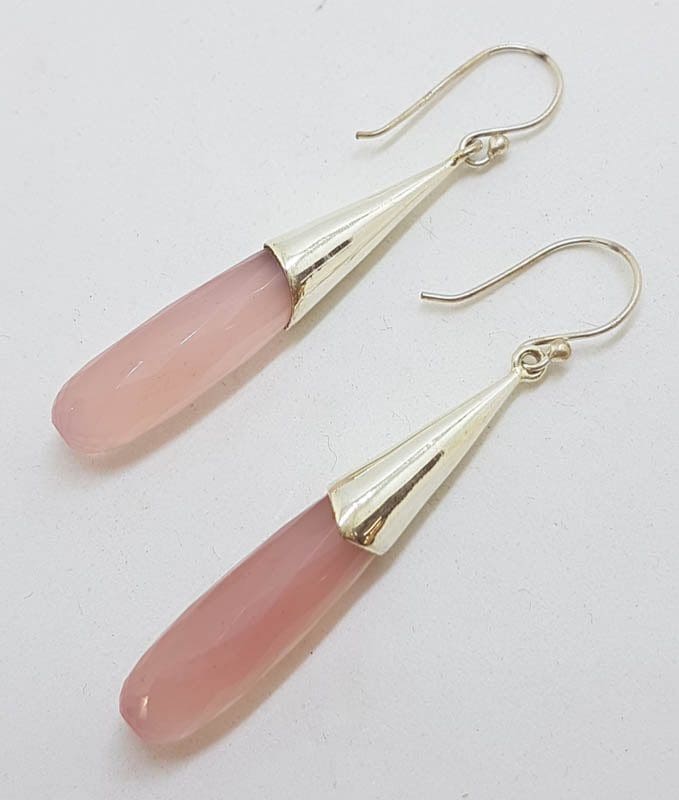 Sterling Silver Very Long Rose Quartz Cone Style Drop Earrings