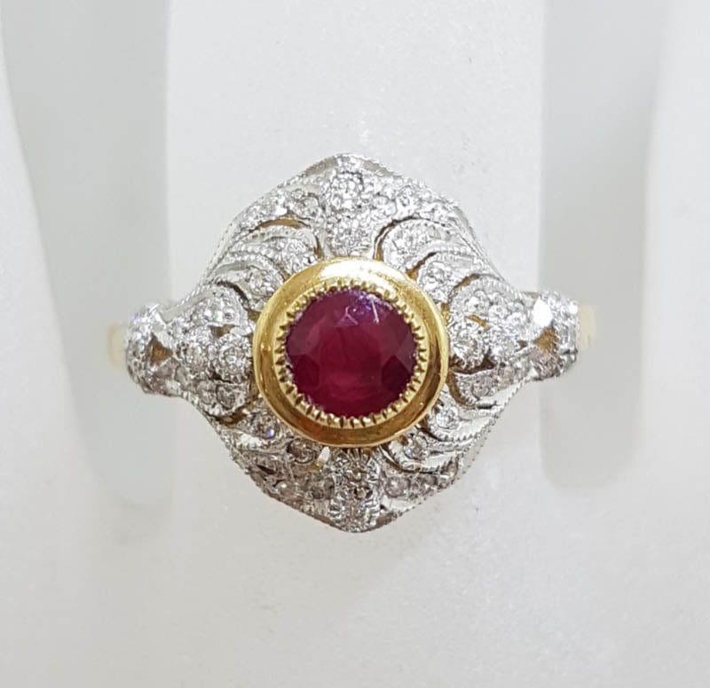 9ct Yellow Gold Natural Ruby &amp; Diamond Large Ornate Cluster Art Deco Style Ring