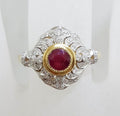 9ct Yellow Gold Natural Ruby &amp; Diamond Large Ornate Cluster Art Deco Style Ring