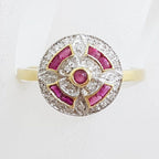 9ct Yellow Gold Natural Ruby &amp; Diamond Round Cluster Art Deco Style Ring