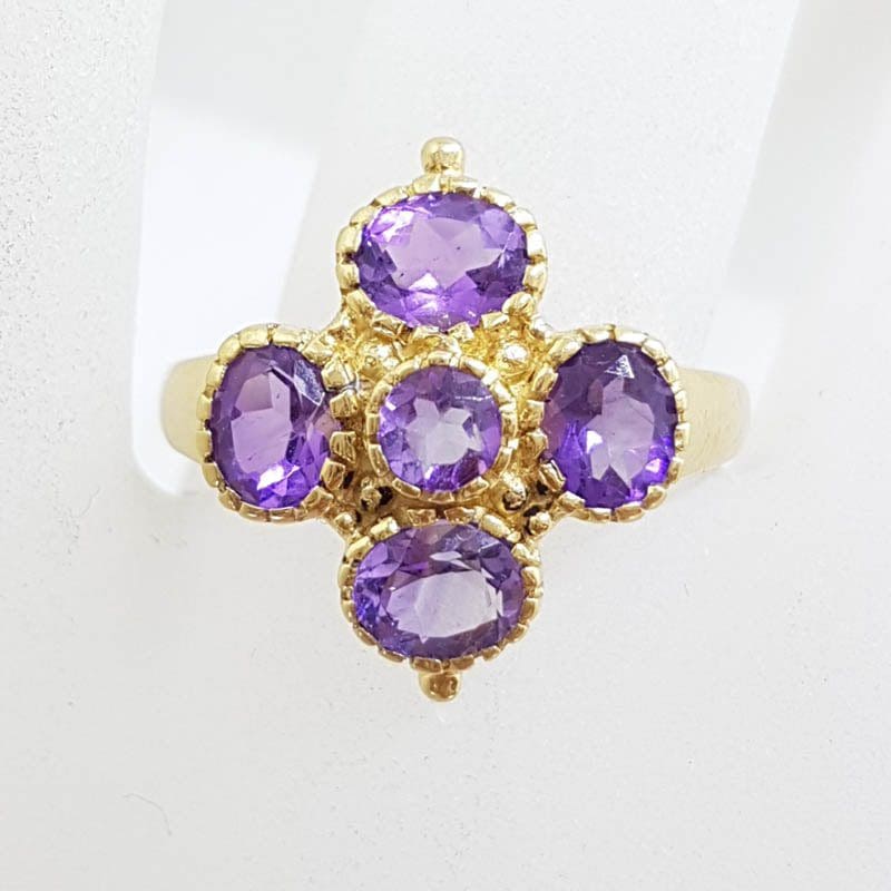 9ct Yellow Gold Five Amethyst in Cross Shape Cluster Ring